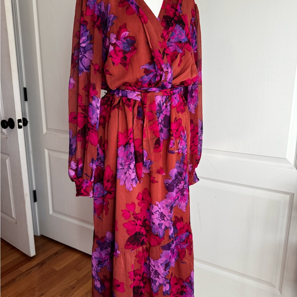 Sofia by Sofia Vergara Pink and Purple Bishop Sleeve Faux Wrap Gown